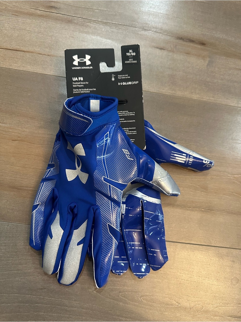 Under Armour Blue and Silver F8 Football Gloves